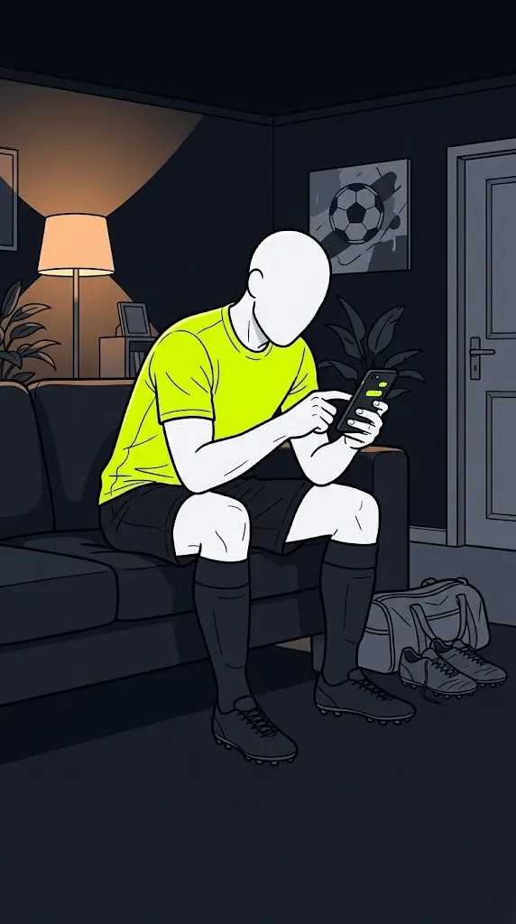 Futbolista en el sofá de casa preparando su semana en el móvil