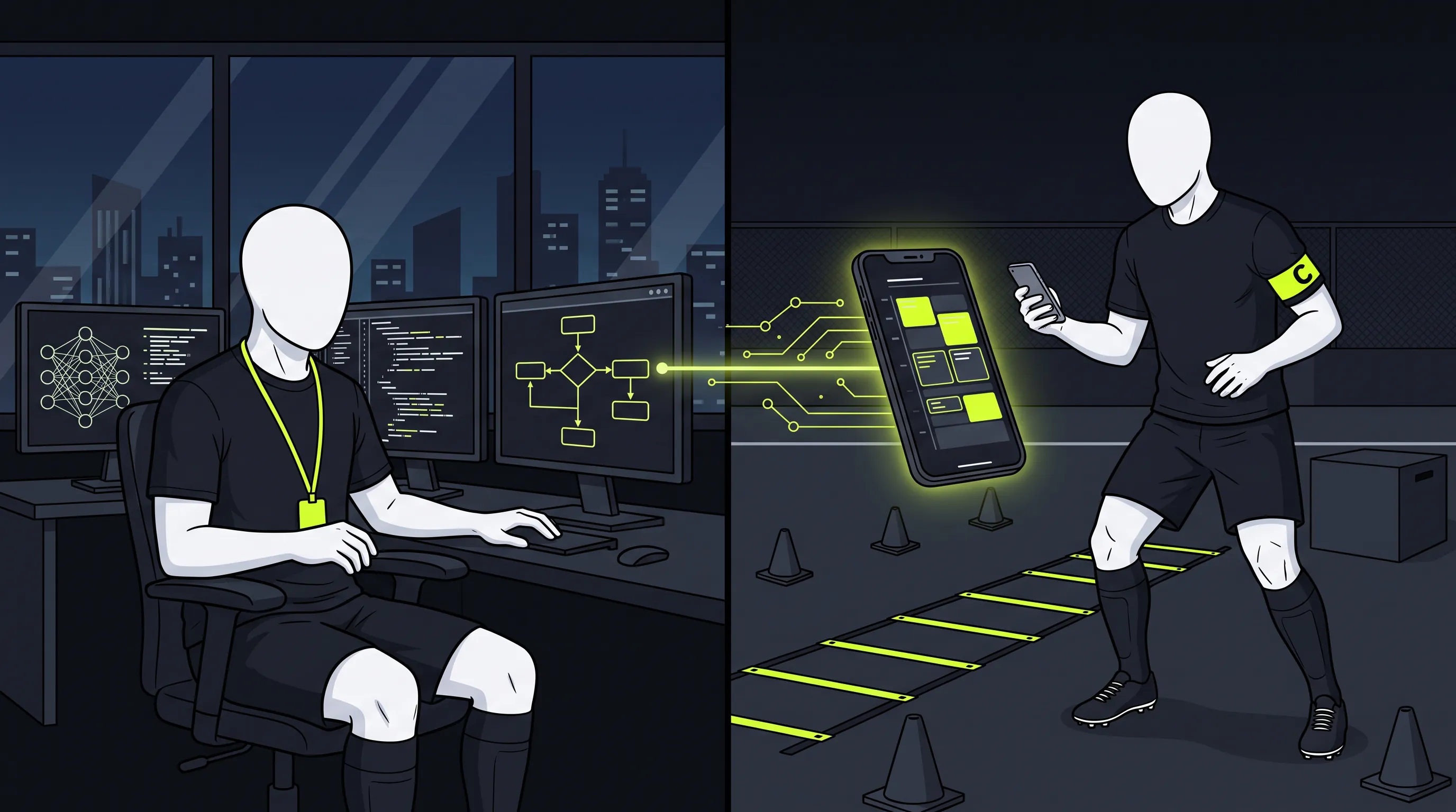 Ilustración dividida en dos escenas: el guía trabajando en una empresa de tecnología y, a la derecha, entrenando con un plan semanal en el móvil conectado por un trazo de luz