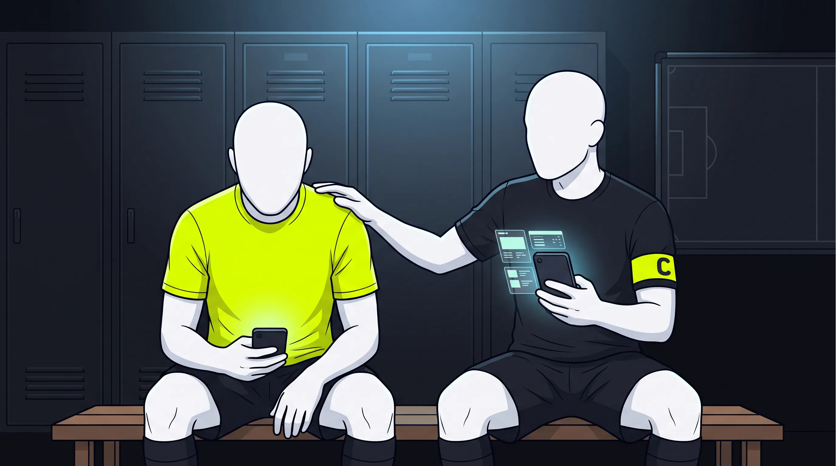 Dos futbolistas ilustrados en el vestuario: el guía, con brazalete de capitán, apoya la mano en el hombro del jugador mientras le muestra un plan en el móvil