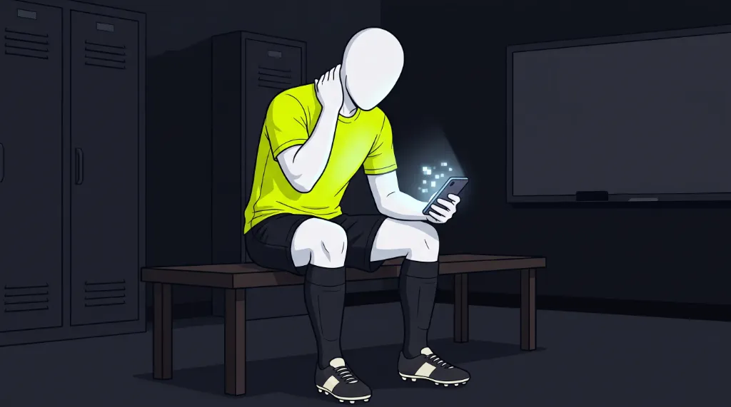 Futbolista indeciso en el vestuario mirando el móvil